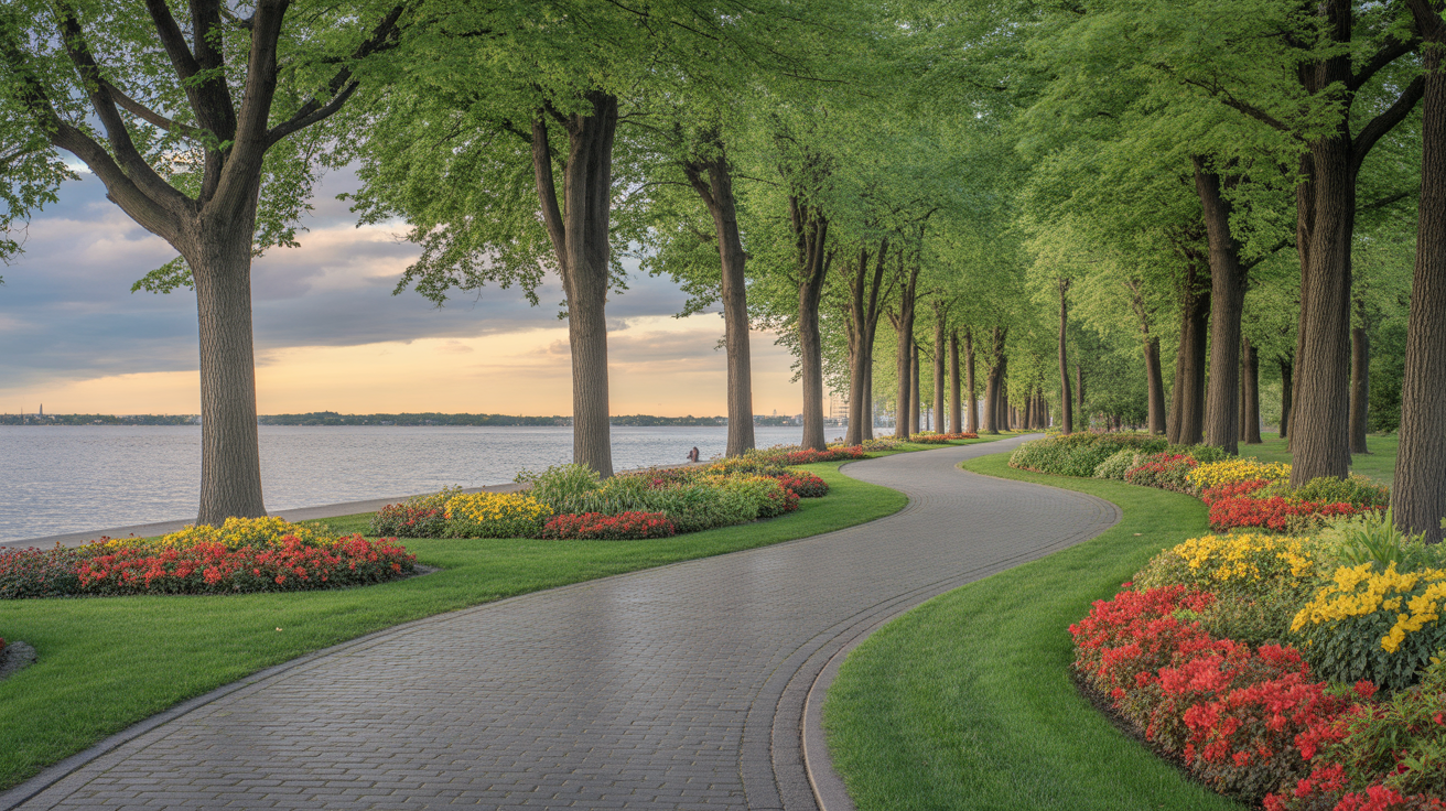 A lush green pathway through a Toronto waterfront park