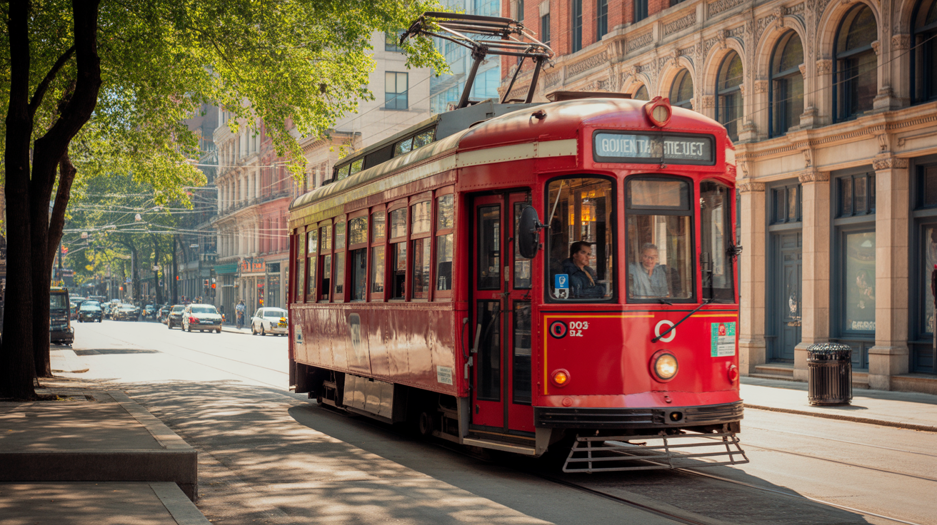 A TTC streetcar on a busy Toronto street